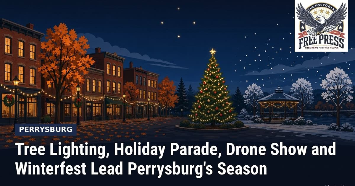 Fostoria News: Illustration of a historic small-town main street with autumn leaves, holiday lights and a lit Christmas tree, with headline: Tree Lighting, Holiday Parade, Drone Show and Winterfest Lead Perrysburg's Season